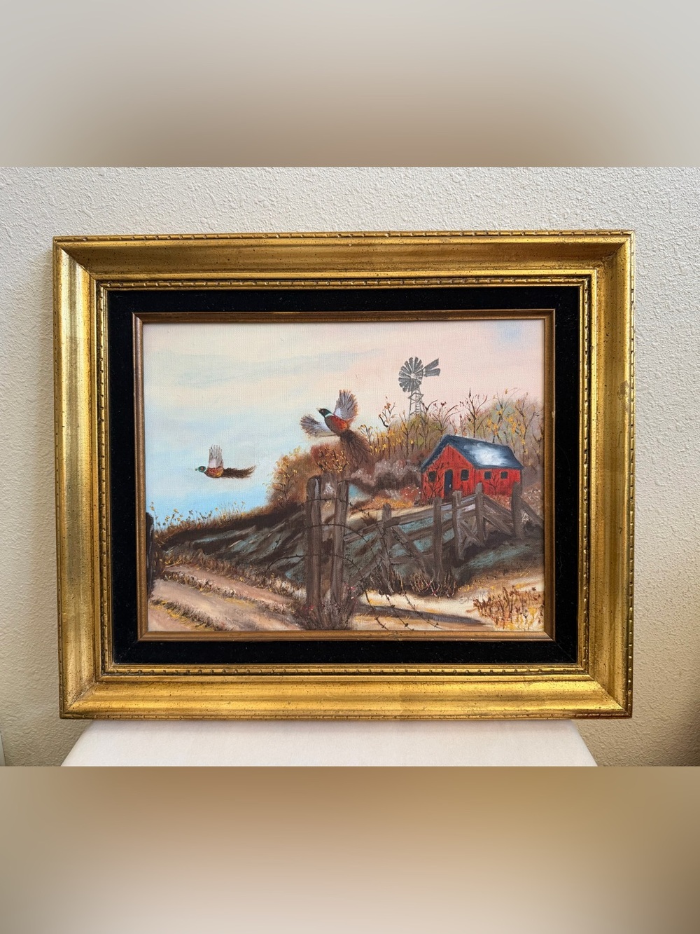 Original 1984 Emma Kuchta Oil Painting Country Farm Red Barn Pheasants Framed